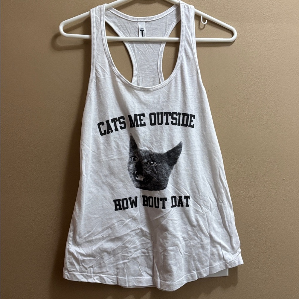 White racer back Tank Top with Cat Graphic. Arm the Animals brand.